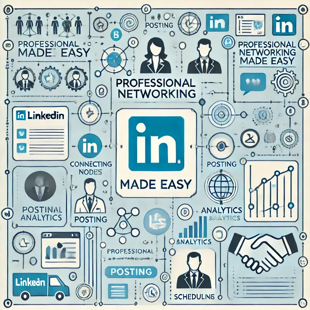 "Professional Networking Made Easy" with a stylized LinkedIn logo, connecting network lines, and icons representing professional activities like posting, analytics, and scheduling. The image has a clean, modern background in blue, white, and light grey, with subtle text reading "Professional Networking Made Easy" in a clear, modern font.