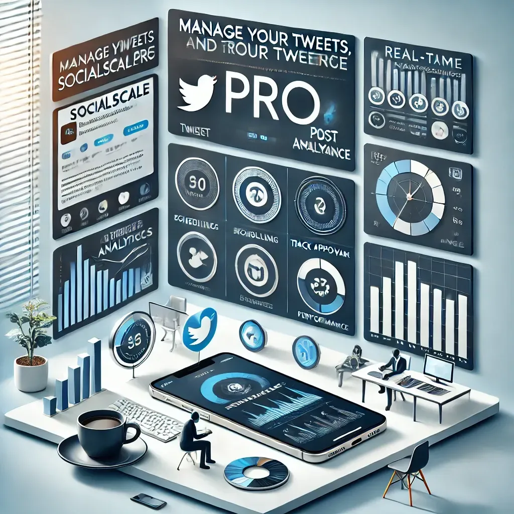 Stay Ahead of the Conversation with SocialScale Pro - A sleek and modern image featuring a smartphone displaying a Twitter feed, real-time analytics, and icons for tweet scheduling and approval workflows, designed for small business owners, entrepreneurs, and consultants managing their Twitter strategy.