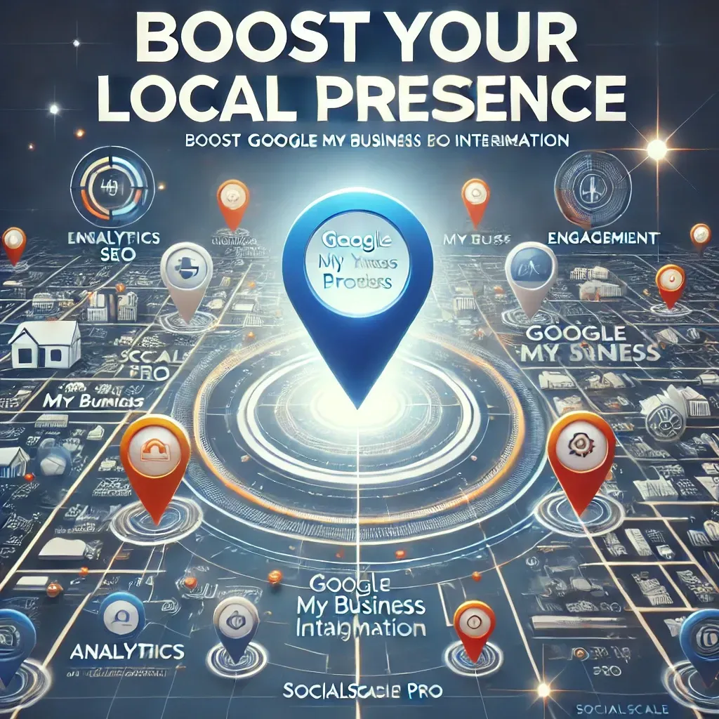 A visually striking image titled "Boost Your Local Presence" featuring a map with location pins representing local businesses. The image symbolizes local SEO and Google My Business integration, with a professional and modern color scheme of blue, white, and orange accents. Subtle icons for analytics, engagement, and optimization are included to convey the benefits of using SocialScale Pro for enhancing local business visibility.