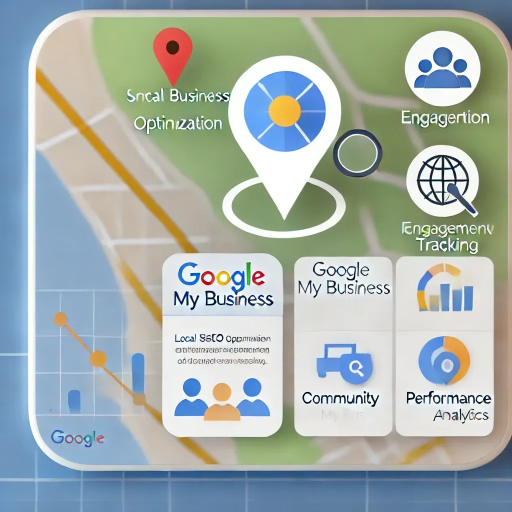 A square image tailored for small business owners and consultants, showcasing a map with location pins and a highlighted Google My Business (GMB) profile. The image features icons symbolizing local SEO optimization, community engagement, and performance tracking through analytics. The design uses a professional color palette of blue, white, and orange, highlighting the ease of managing and updating GMB profiles to boost local search visibility and customer engagement. Perfect for illustrating the benefits of GMB integration with SocialScale Pro.