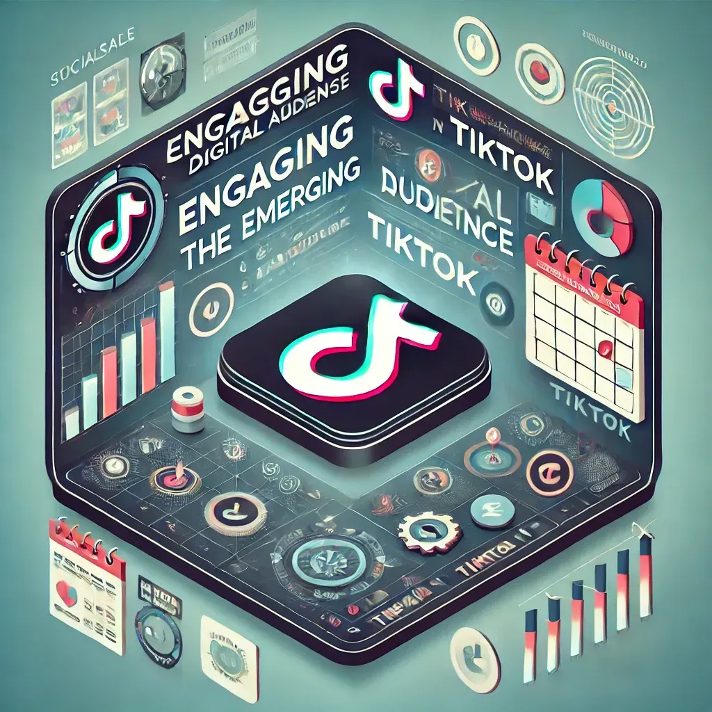 Square image depicting the concept of engaging the emerging digital audience using SocialScale Pro on TikTok. The image features TikTok post scheduling, analytics, and account management tools, with the TikTok logo, a calendar for scheduling, and icons representing analytics and content management, emphasizing audience engagement and brand growth.