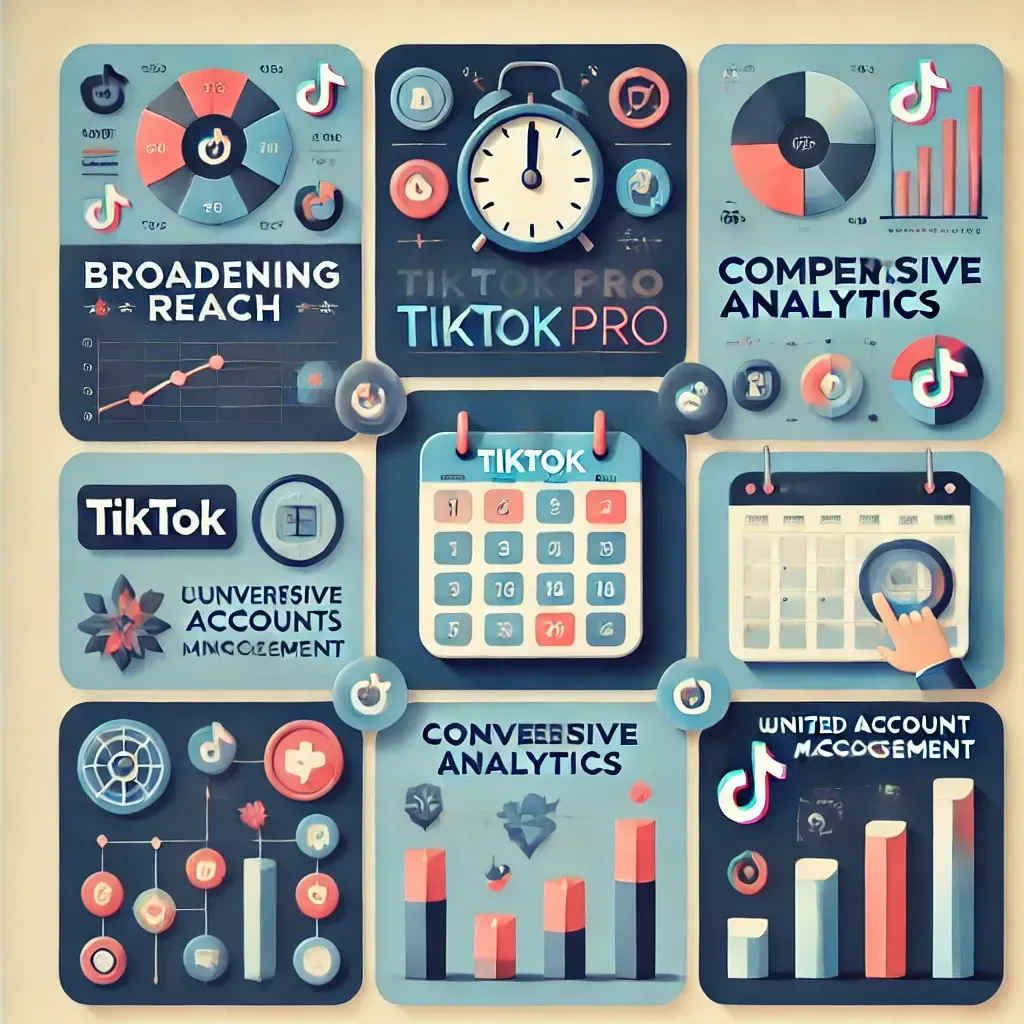 Square image illustrating SocialScale Pro's key features for TikTok management, including post scheduling, comprehensive analytics, and unified account management. Designed for small business owners, entrepreneurs, and consultants, the image emphasizes broadening reach, engaging diverse audiences, and maintaining consistent messaging across profiles.