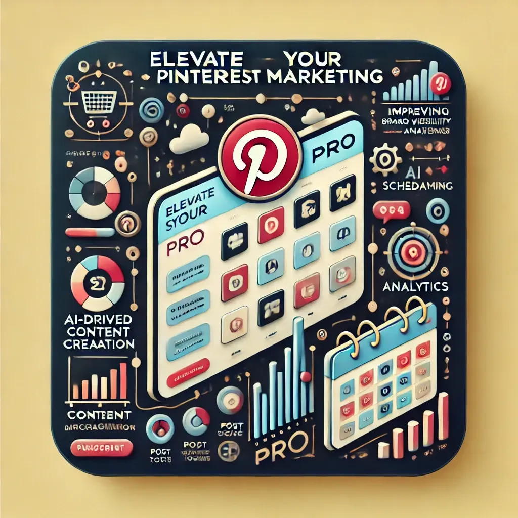 Square image highlighting Pinterest marketing with SocialScale Pro, showcasing post scheduling, AI-driven content creation, and analytics tools to boost brand visibility and engagement