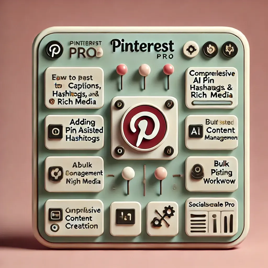 Square image showcasing Pinterest integration with SocialScale Pro, highlighting features like AI-assisted content creation, rich media, captions, hashtags, bulk pin management, and approval workflows