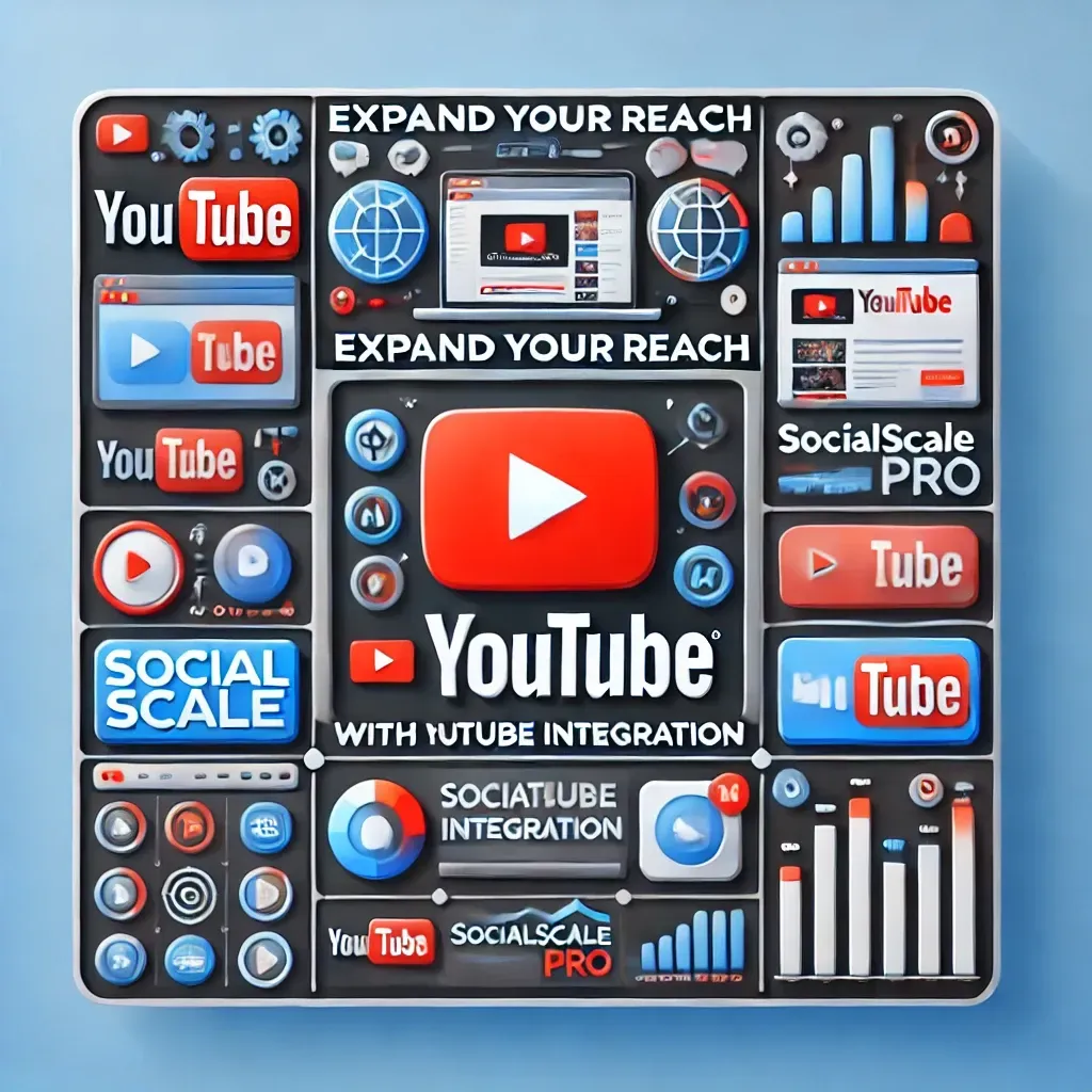 SocialScale Pro YouTube integration image showcasing video content management, analytics, and dashboard features for small businesses and consultants to expand their reach