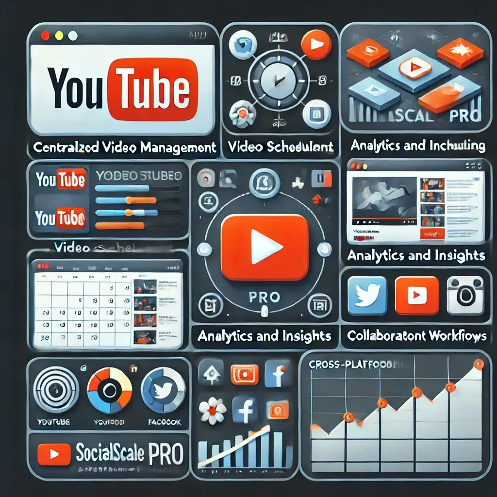 SocialScale Pro YouTube video management image featuring key features like centralized video management, video scheduling, analytics, collaborative workflows, and cross-platform sharing to optimize content strategy and engagement for small businesses and consultants.