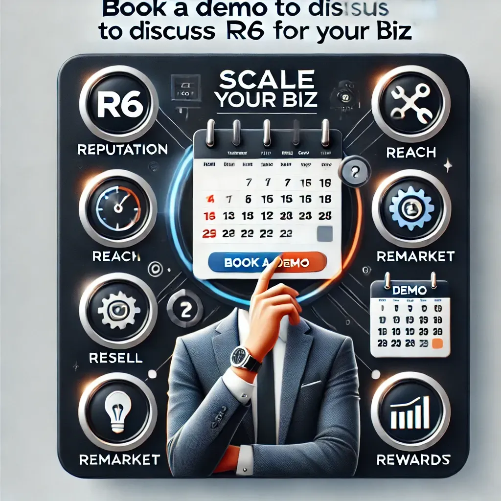 Square image promoting 'Book a Demo with Scale Your Biz' featuring the R6 system, including icons for Reputation, Reach, Resell, Rebook, Remarket, and Rewards. Designed with a clean, professional look using Scale Your Biz brand colors, highlighting business growth solutions and demo booking options.