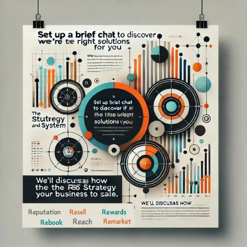 Professional business communication image with the text: 'Set Up a Brief Chat to Discover if We're the Right Solutions for You' and 'We'll discuss how the R6 strategy and system could potentially help your business scale.' The design includes sleek, tech-inspired visuals with abstract geometric shapes in neutral tones, highlighted by bright orange and teal accents.