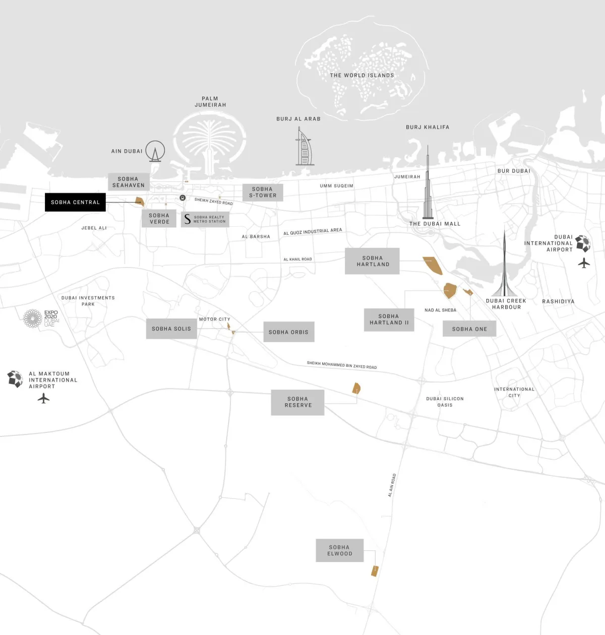Sobha Central location map showing close proximity to key Dubai landmarks and major attractions.