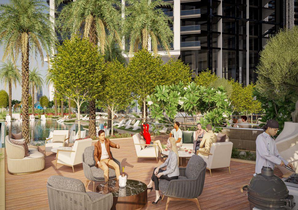 Sobha Central outdoor bar with open air seating, perfect for cocktails and relaxing in a stylish setting.
