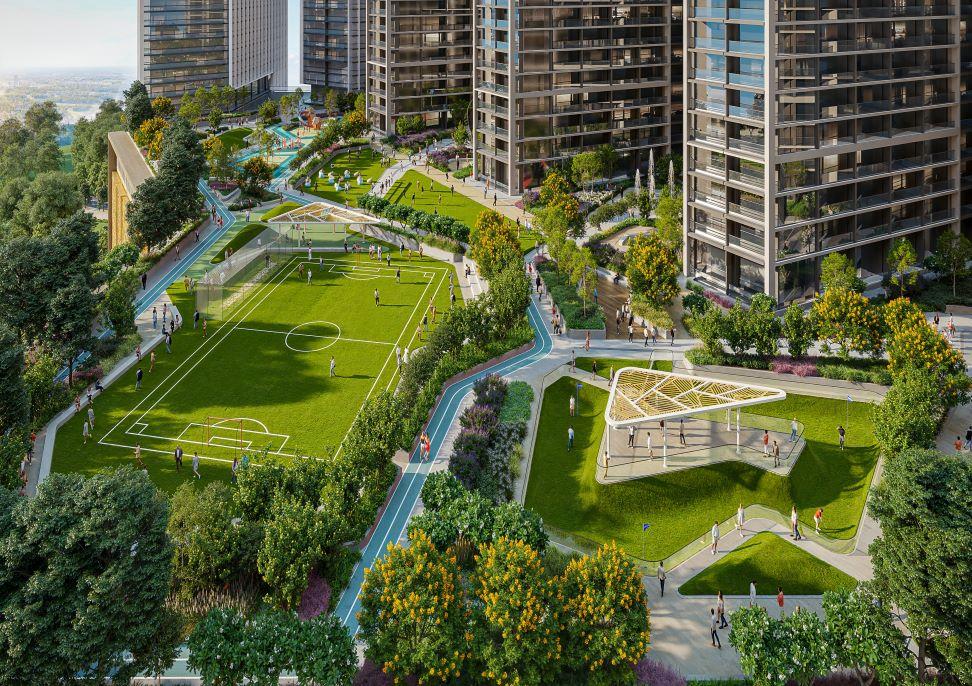 Sobha Central sports grounds with tennis and football courts for active, energized living.