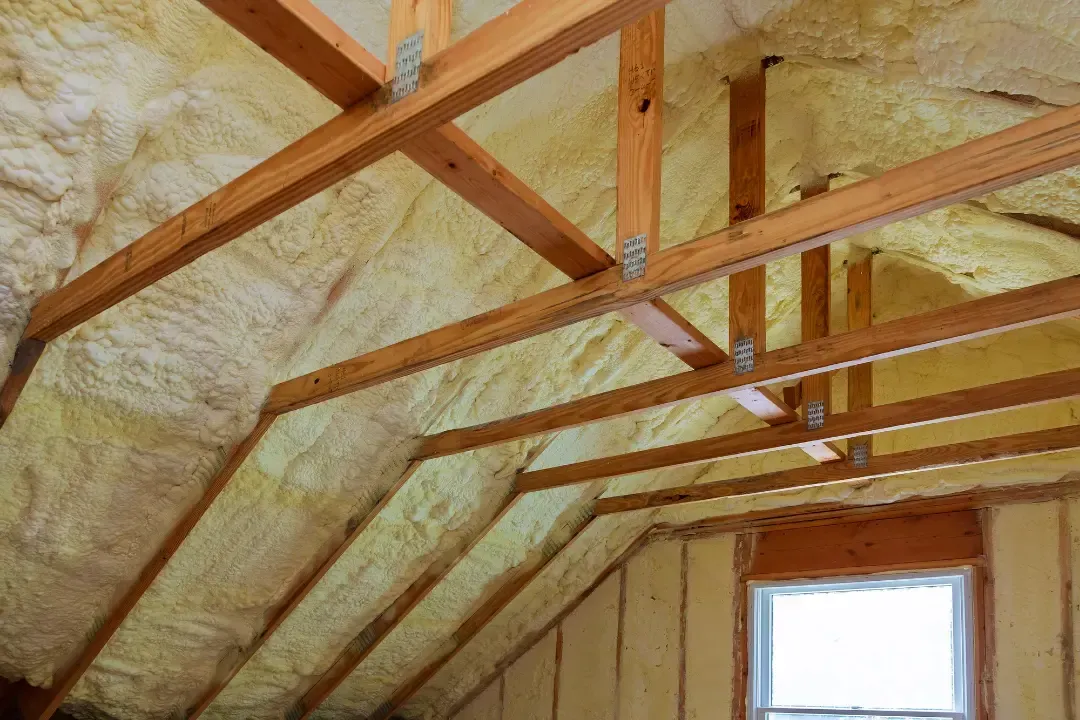 Blown-in insulation packed between ceiling joists to block moisture and prevent mold in Astor, Florida home