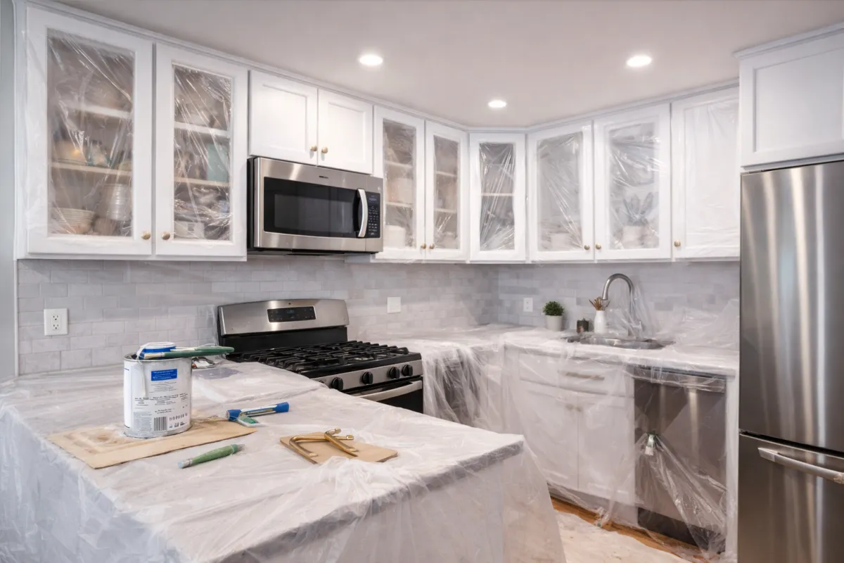 Cabinet painting service showing protected kitchen cabinets and freshly painted finishes in a Waltham, MA home