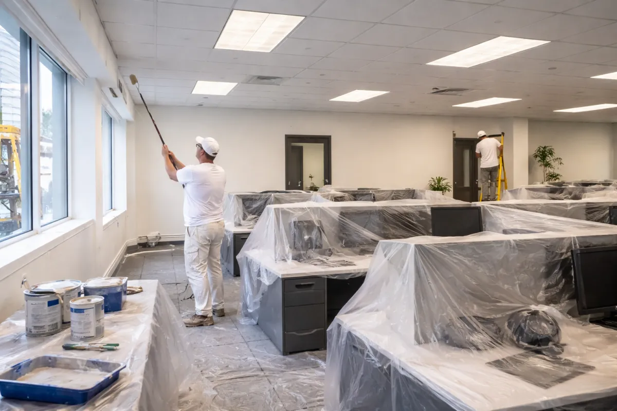 Commercial painting service showing an office space with protected work areas and freshly painted walls in Waltham, MA