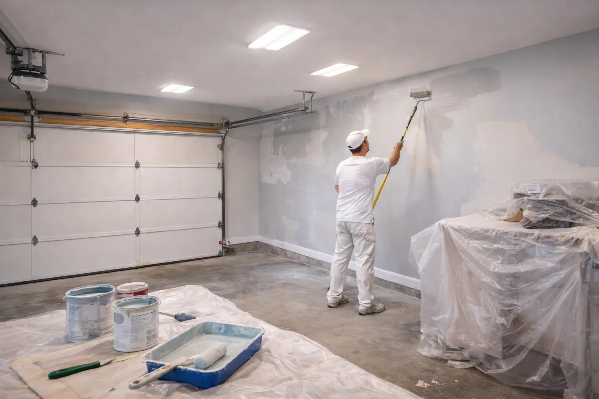 Garage painting service showing freshly painted walls and a protected workspace in a Waltham, MA home