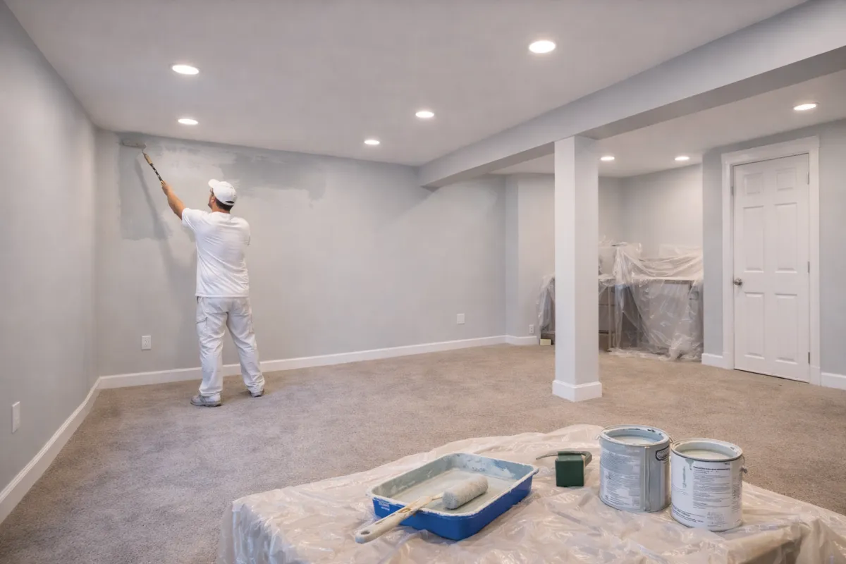 Basement painting service showing freshly painted walls and a clean, finished basement space in a Waltham, MA home