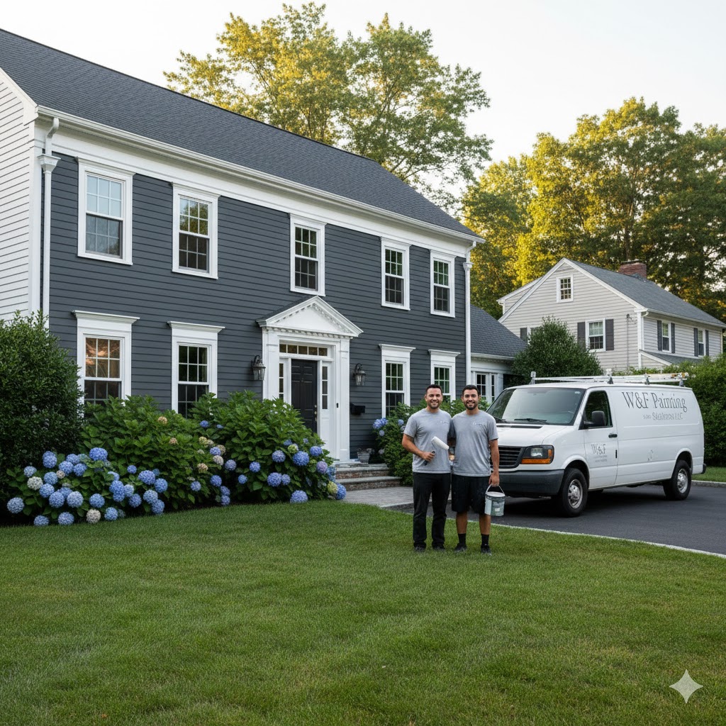 Exterior house painting project on a home in Newton, MA