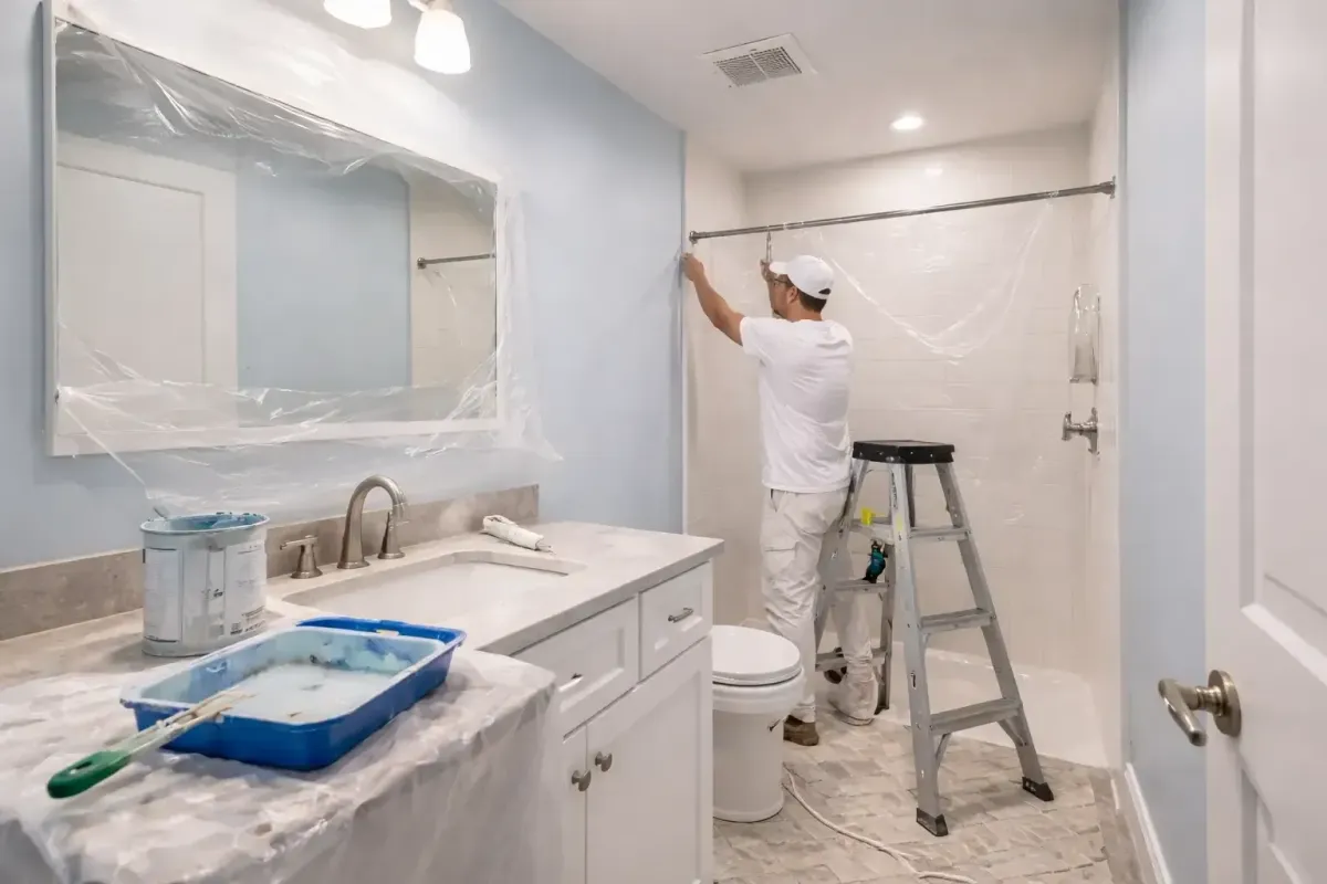 Bathroom painting service showing freshly painted walls and trim in a residential Waltham, MA home