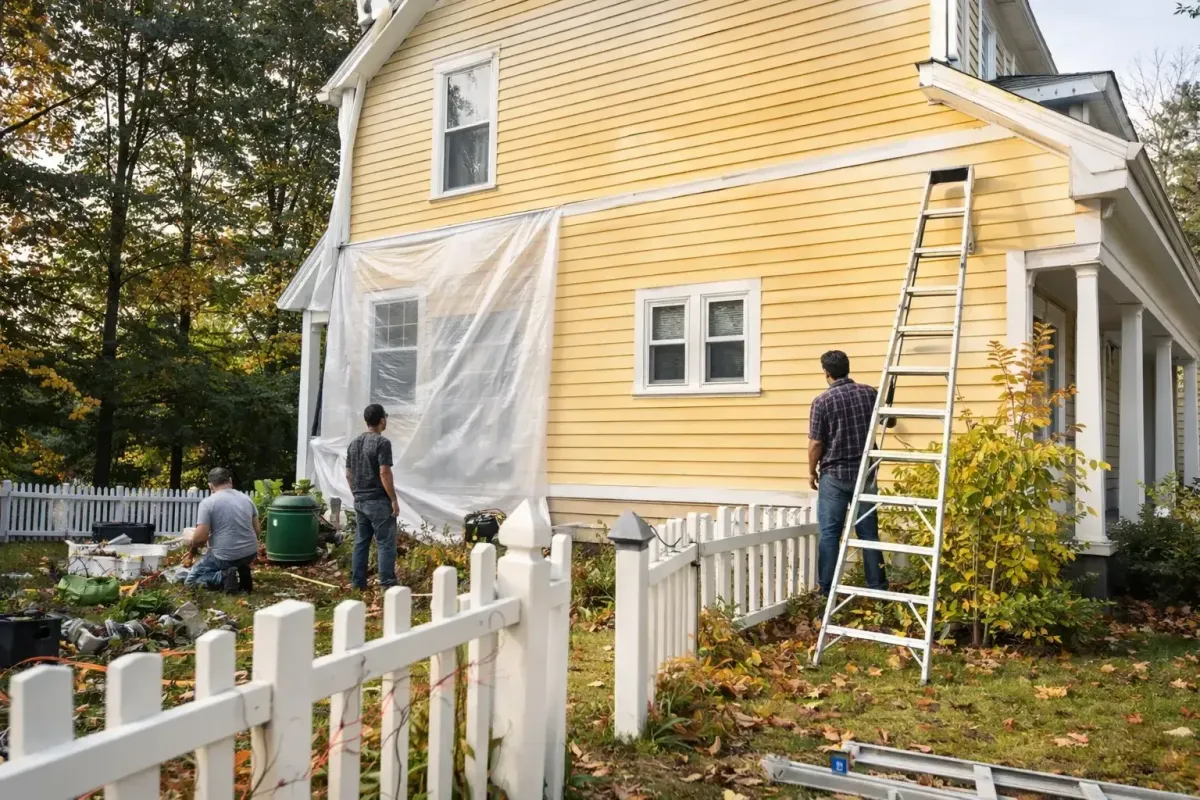 Exterior house painting service showing a home with protected trim and freshly painted siding in Waltham, MA