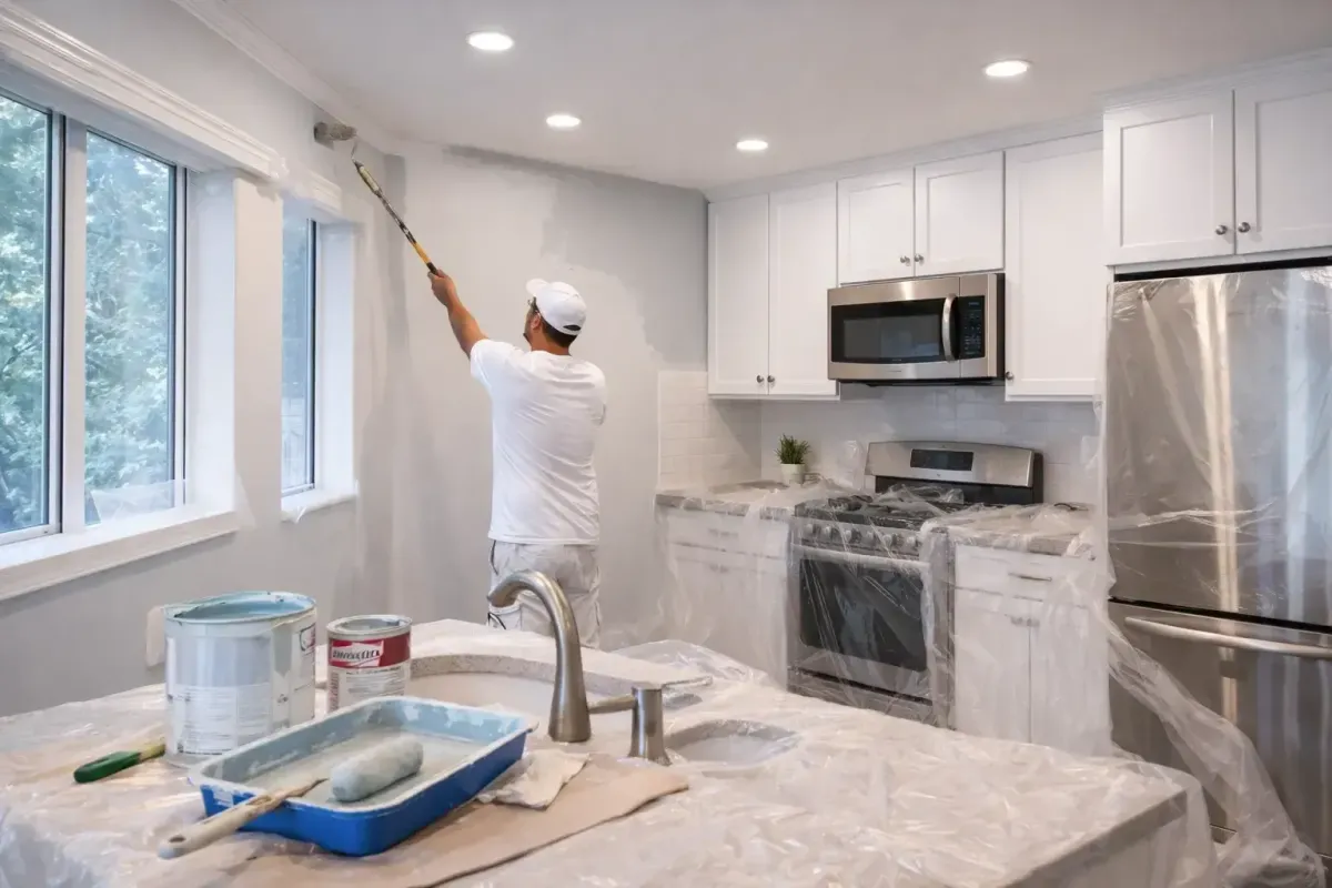 Kitchen painting service showing freshly painted walls and protected cabinets in a Waltham, MA home