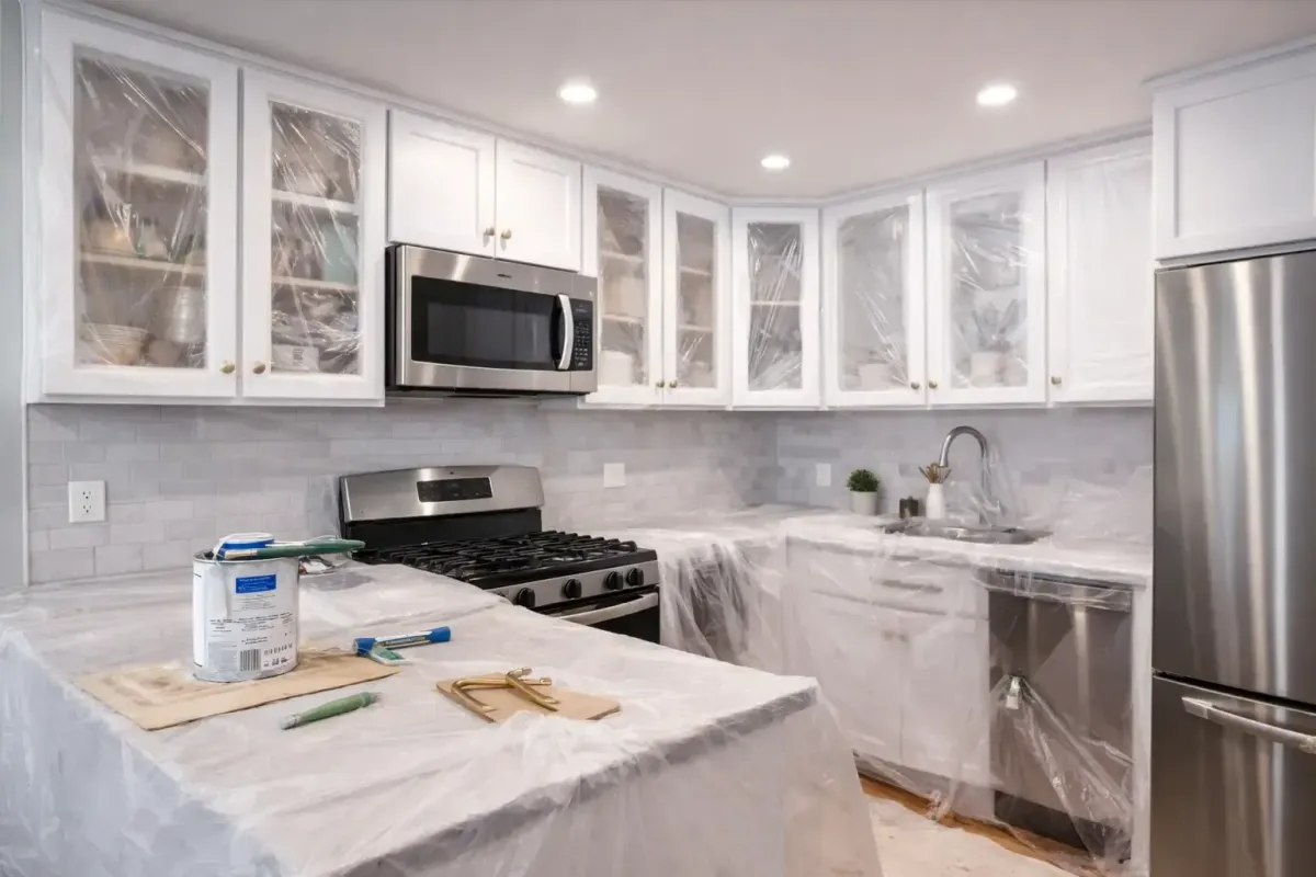 Cabinet painting service showing protected kitchen cabinets and freshly painted finishes in a Waltham, MA home