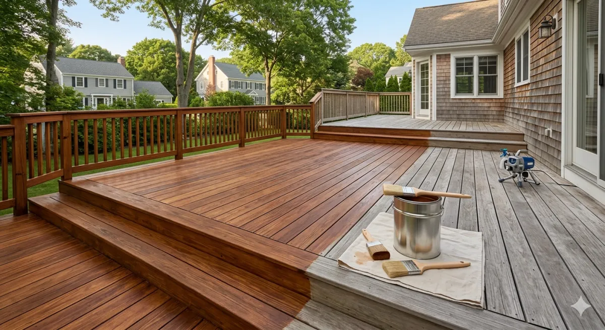 Professional deck staining in progress on a residential cedar deck in Waltham, MA, showing the contrast between weathered gray wood and fresh semi-transparent brown stain