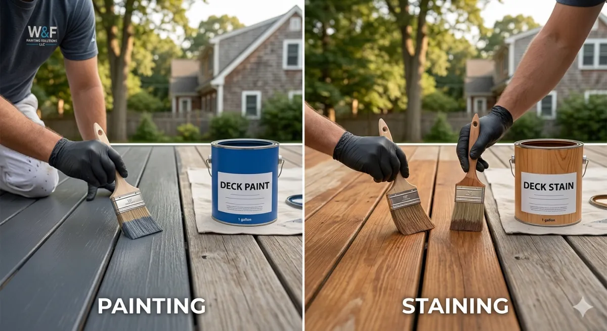 A split-screen comparison showing the difference between deck painting with a solid charcoal finish and deck staining with a transparent cedar finish on a wooden deck in Waltham, MA.