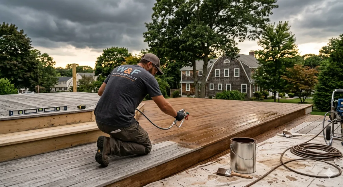 Professional painter applying wood stain to a large deck with a sprayer and brush, demonstrating the restorative process for a residential home in Waltham, MA.