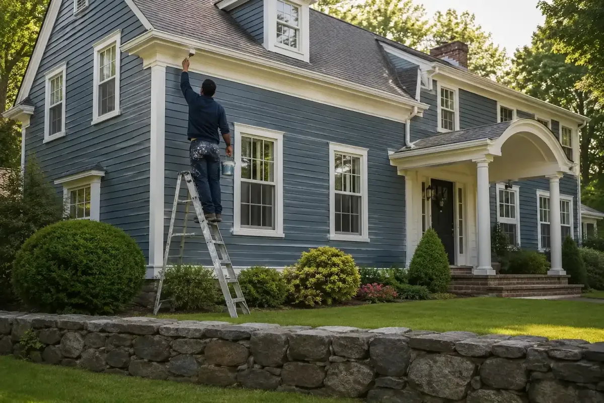professional painter on colonial home exterior in Wayland MA