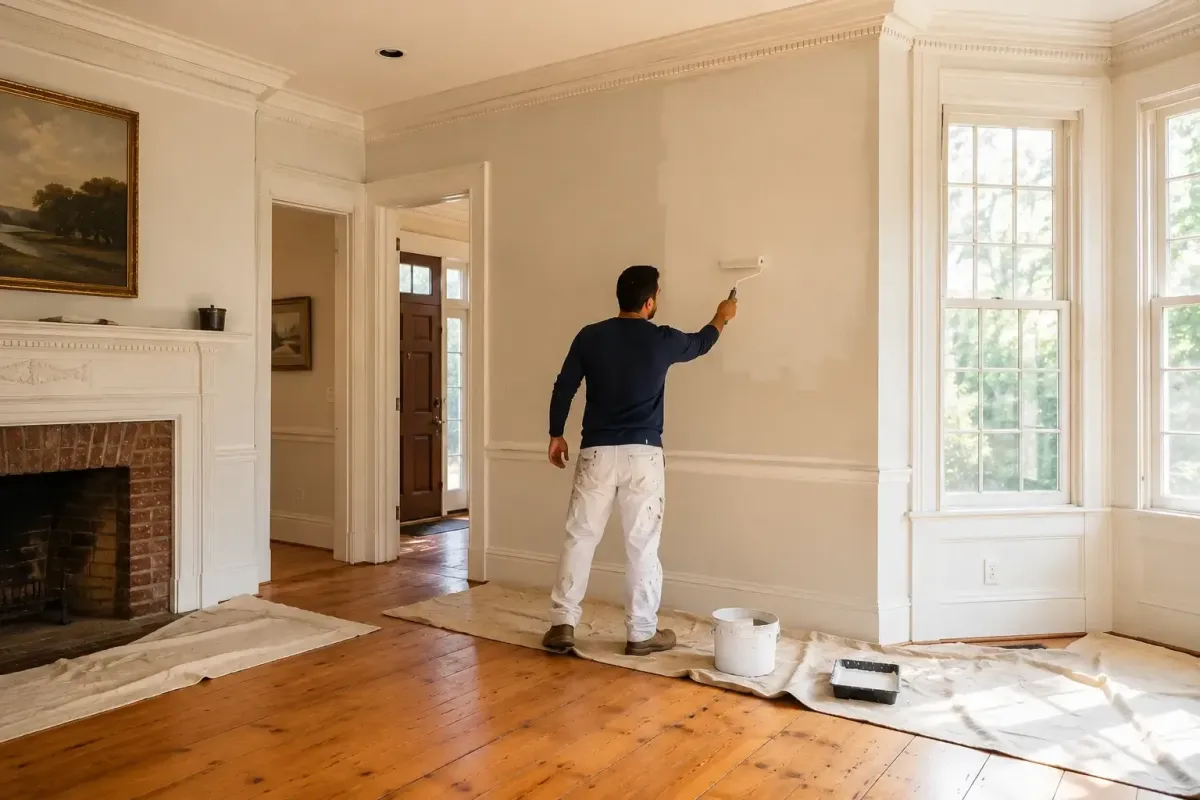 house painter on historic colonial home exterior in Carlisle MA