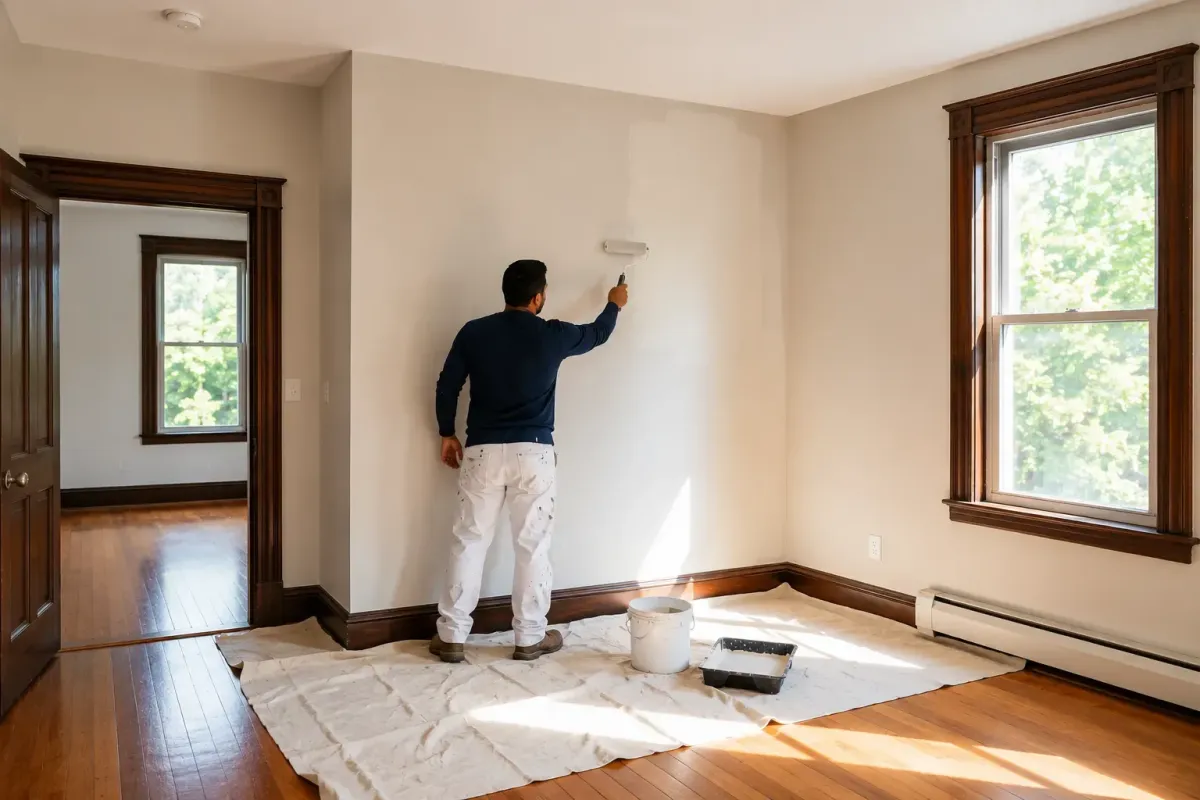 house painter on triple decker exterior in Somerville MA