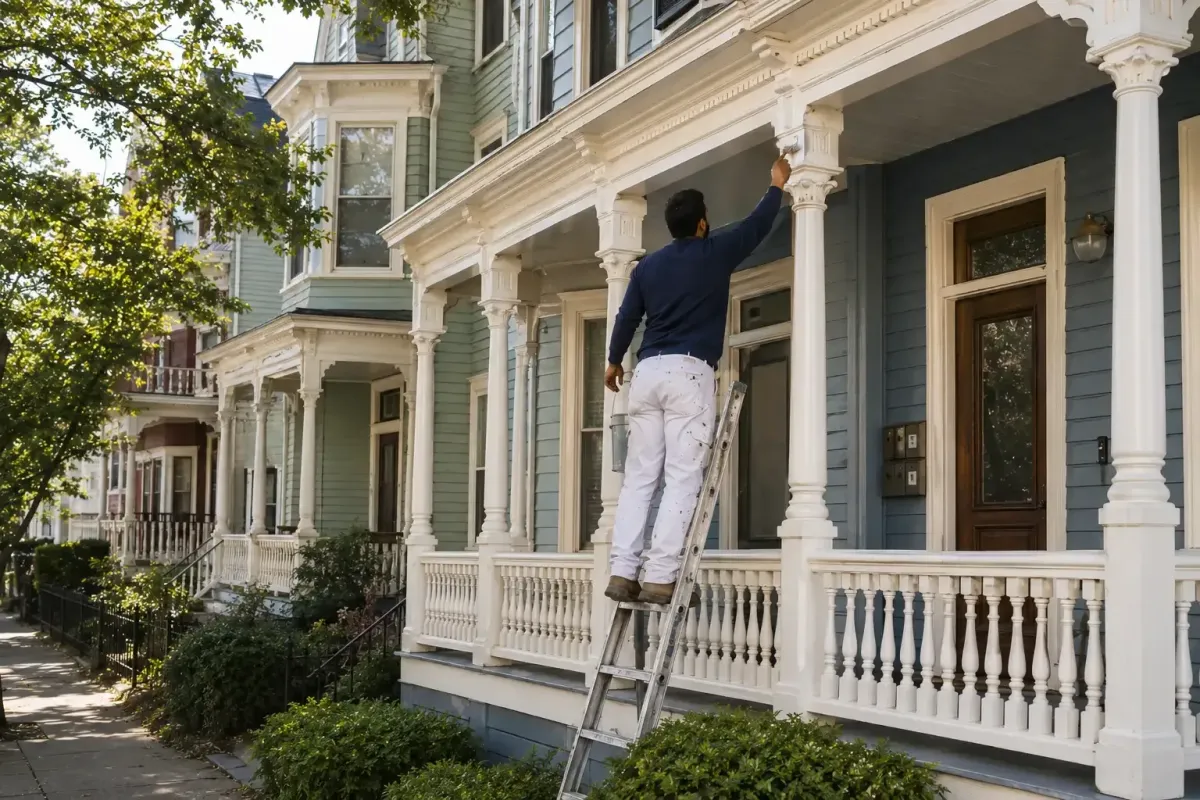 house painter on Victorian home exterior in Jamaica Plain MA