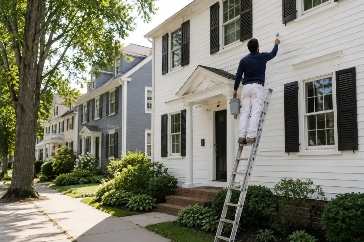 house painter on colonial home exterior in Watertown MA
