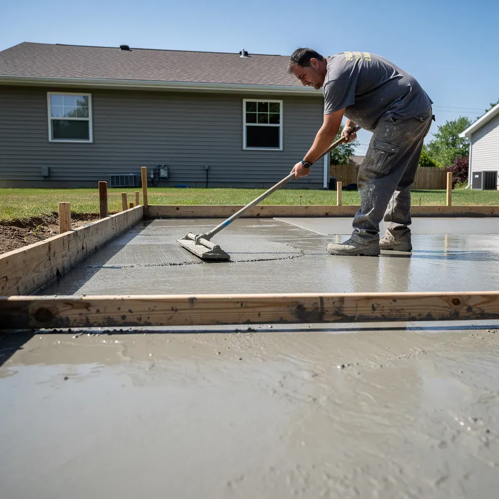 Contractor pouring and finishing fresh concrete at a residential job site in Sheboygan, Wisconsin.