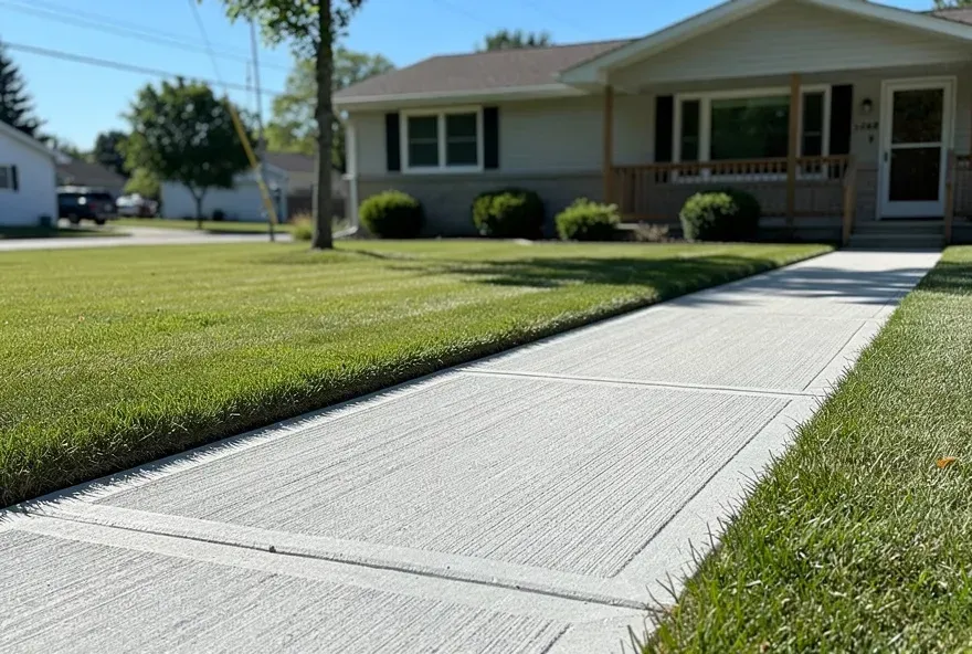 Finished concrete sidewalk along the front of a home in Sheboygan, Wisconsin.