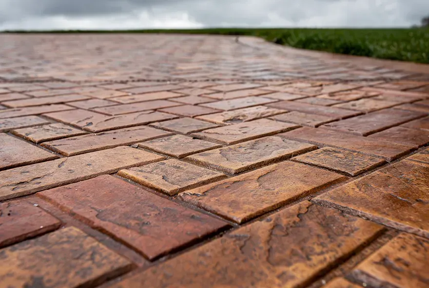 Close-up of finished stamped concrete with a herringbone brick pattern at a home in Sheboygan, Wisconsin.