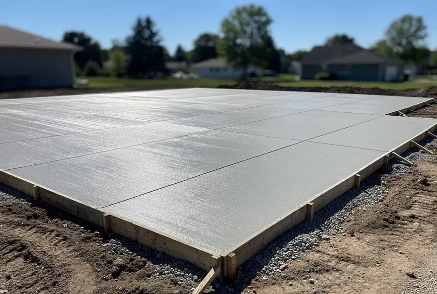 Freshly poured flat concrete foundation slab at a residential job site in Sheboygan, Wisconsin.