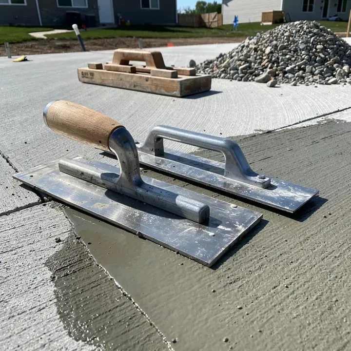 Concrete finishing trowel and edging tool on a job site surface in Sheboygan, Wisconsin.