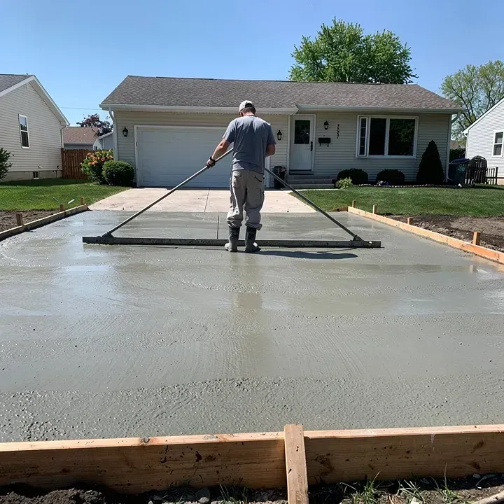 Concrete driveway pour in progress at a residential job site in Sheboygan, Wisconsin.