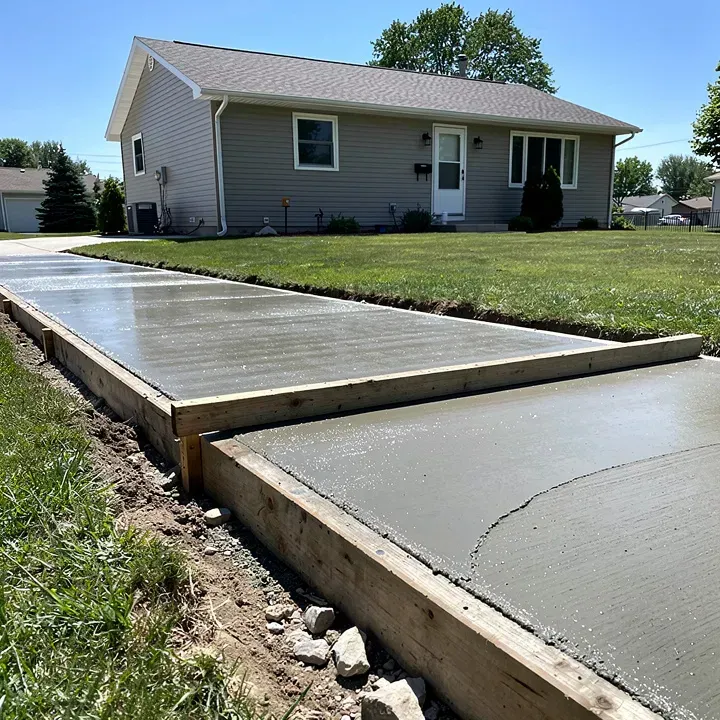 Concrete sidewalk pour in progress along the front of a home in Sheboygan, Wisconsin.
