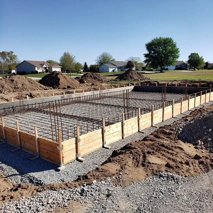 Foundation forms and reinforcement steel ready for a concrete pour at a job site in Sheboygan, Wisconsin.