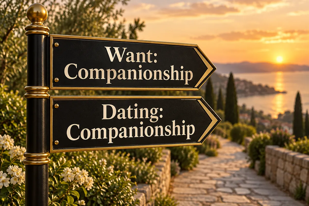 Black and gold signs reading “Want: Companionship” and “Dating: Companionship,” both pointing in the same direction along a sunset path.