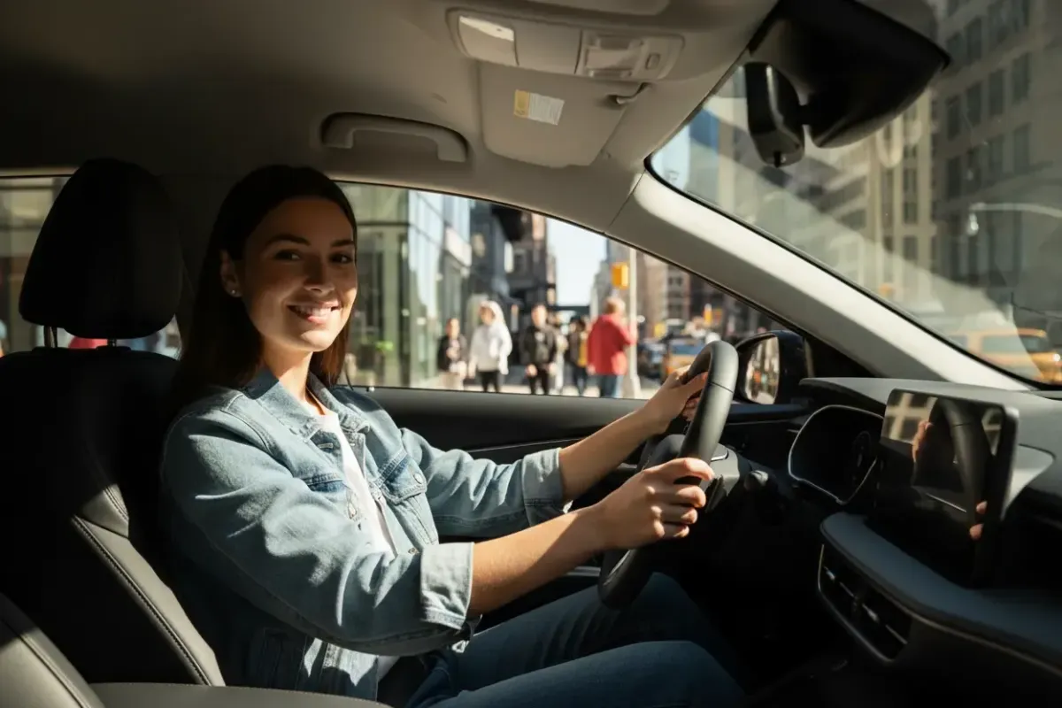 A young woman in her early twenties sits confidently in the driver's seat of a modern sedan, sunlight streaming through the window. She wears casual attire, hands on the wheel, with a city street visible in the background. The image is realistic and vibrant, evoking optimism and readiness.