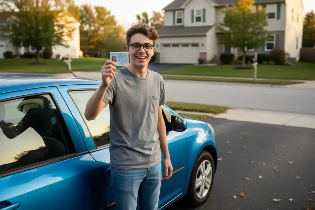 A teenage boy with short hair and glasses stands proudly next to a compact car in a suburban driveway, holding up his new driver's license. He wears casual clothes and smiles brightly in the afternoon sun. The image is realistic, capturing a genuine moment of achievement.