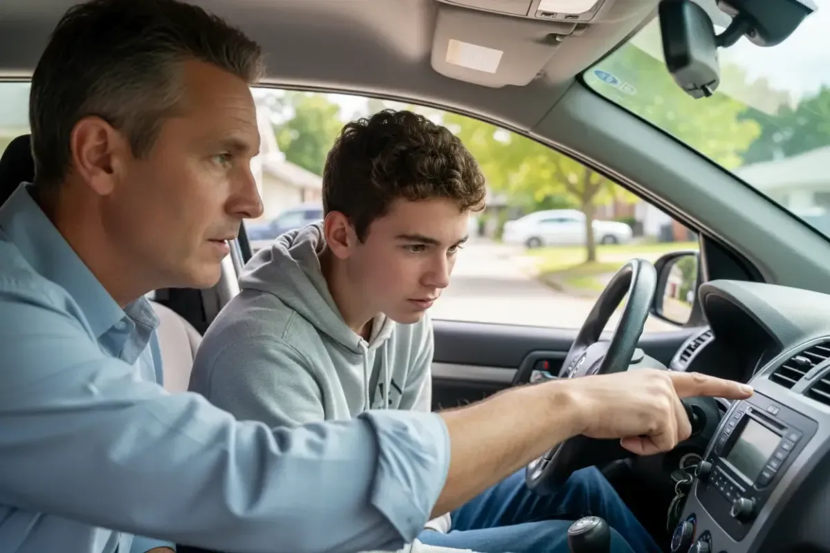 Inside a car, a middle-aged instructor points at the dashboard while a teenage student listens attentively. Both are focused, with a suburban street visible through the windows. The image is realistic, showing a diverse age range and natural daylight, emphasizing attentive instruction.