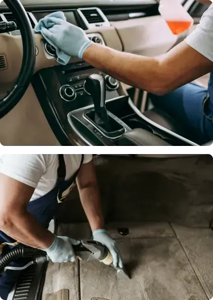First image- A person wiping the dashboard of a car. Second Image - A person vacuuming the floor of a car  