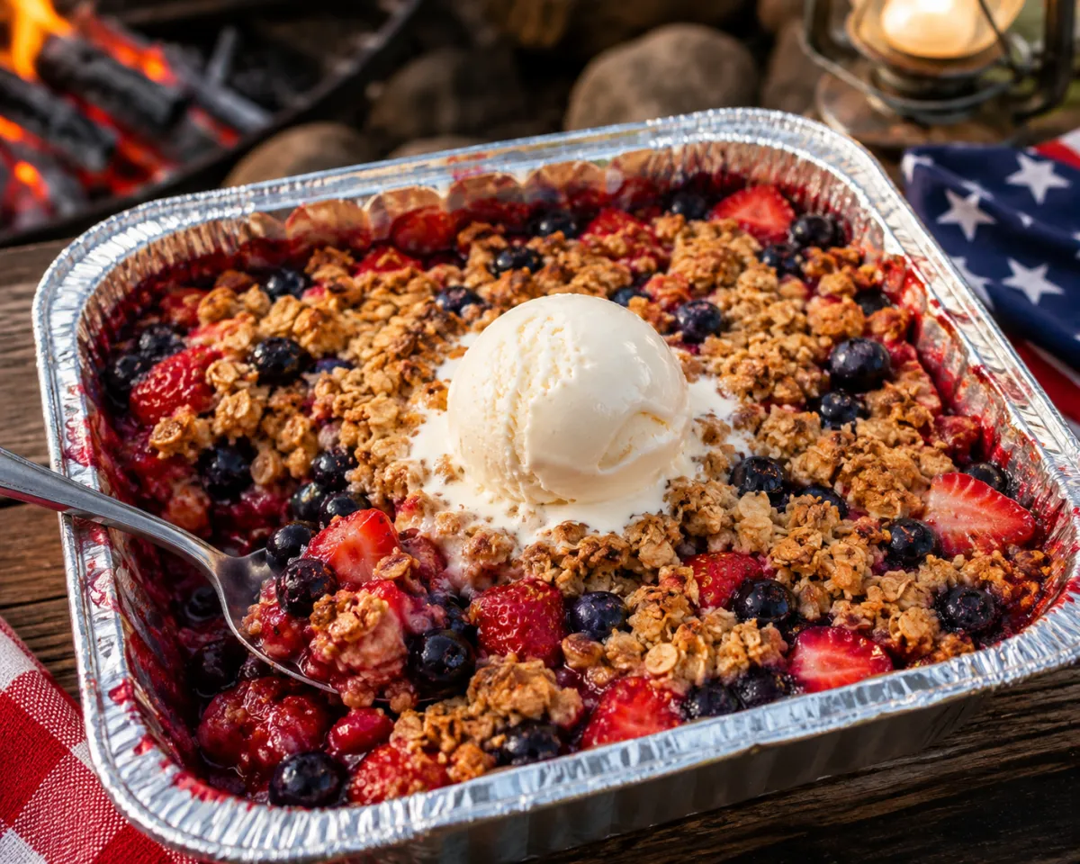 Warm Red, White & Blue Campfire Berry Crisp topped with fresh strawberries and blueberries, served outdoors beside a campfire on a summer evening.