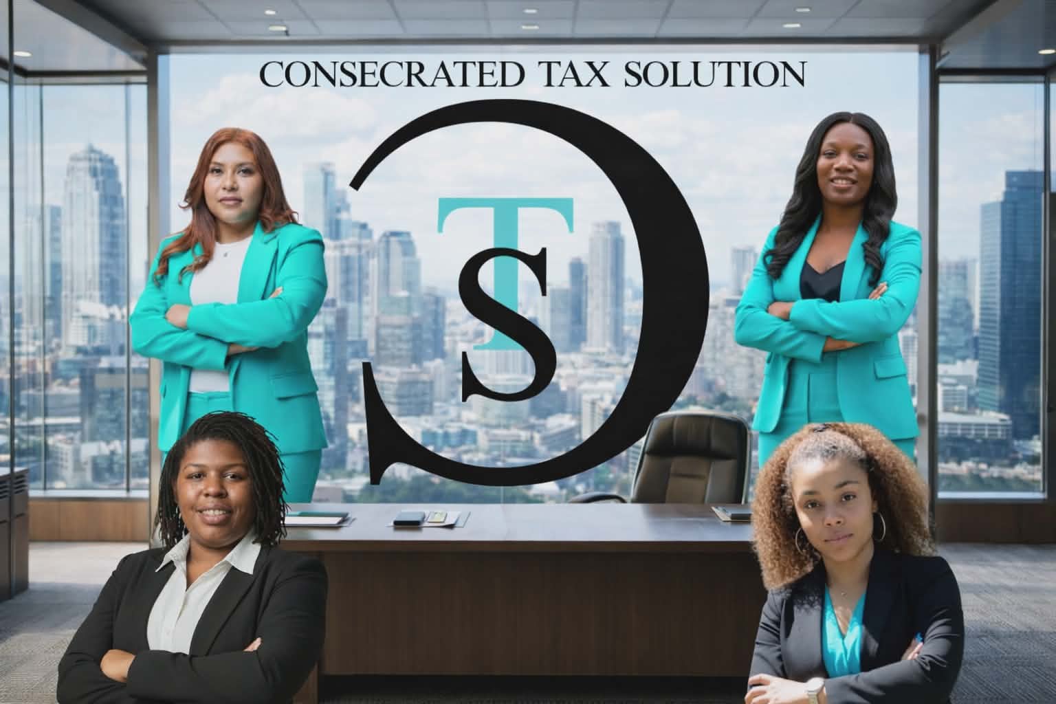 A professional tax consultant, mid-30s, reviewing documents with a client in a modern office, both smiling, with a laptop and paperwork on the table. The background features large windows and cityscape, natural daylight, 3:2 aspect ratio.