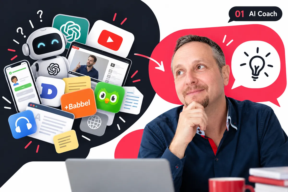 English coach comparing human coaching with AI, YouTube and language learning apps.