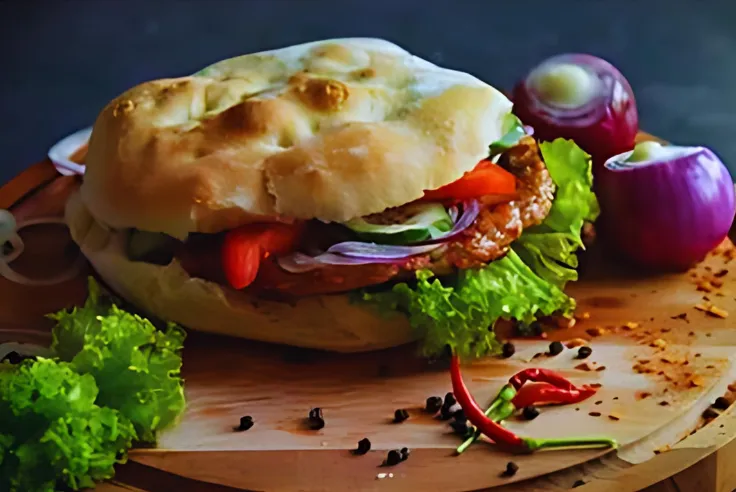 Sandwich Pljeskavica mit Salat; Kroatisches Hacksteak in frisch gebackenem Fladenbrot